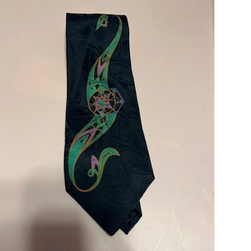 Emilio Romano Vintage 80s 90s Silk Tie Handmade Italy Green Purple Black 60 inch
